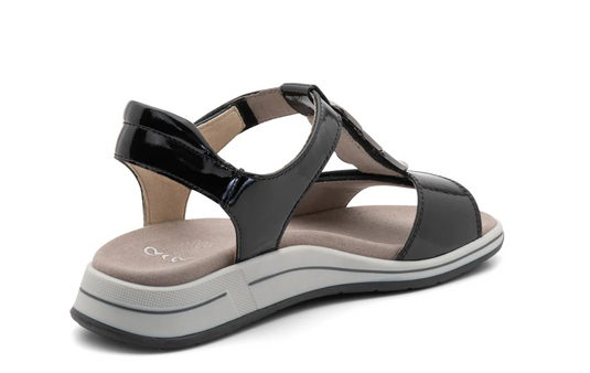 Ara Women's Oregon Medallion Double Adjustable Sandal Black Patent Leather