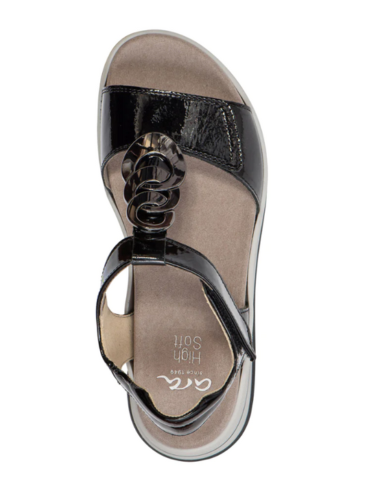 Ara Women's Oregon Medallion Double Adjustable Sandal Black Patent Leather