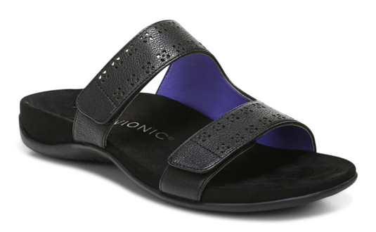 Vionic Women's Nakia Adjustable Slide Sandals Black Leather Metallic